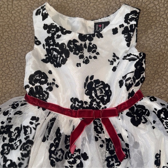 White dress with Black velvet flowers, Dress with Red velvet Accents, toddler 4 - Picture 2 of 7